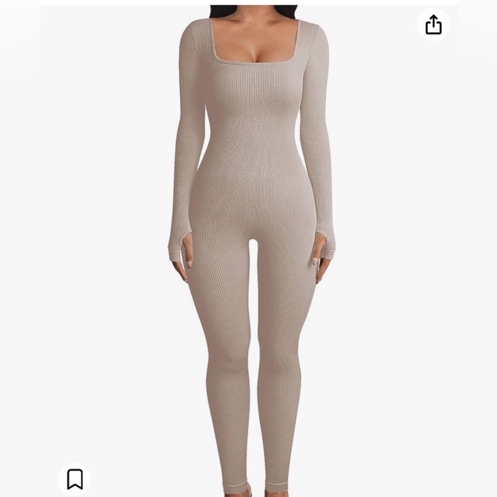 Amazon Ribbed Long-Sleeve Scoop-Neck Jumpsuit in Taupe